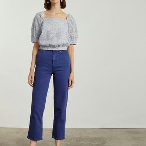 Everlane The Eyelet Puff Sleeve Top in Deep Blue/White